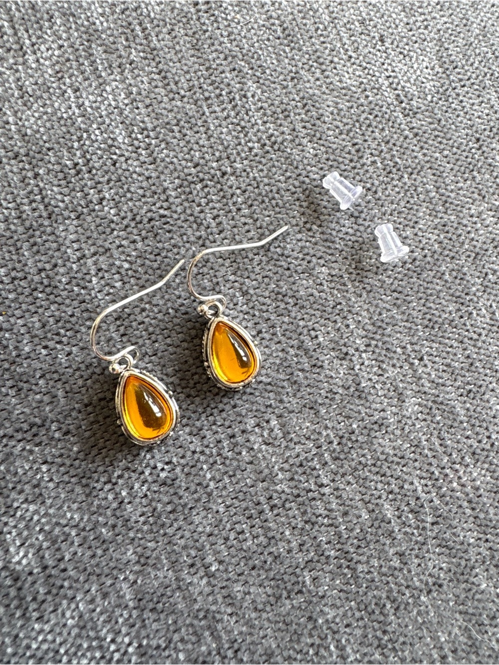 Orange stone, teardrop dangle costume earrings